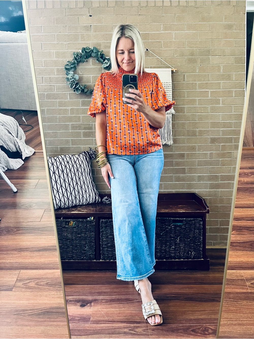 THML Orange Smocked Neck Puff Sleeve Blouse